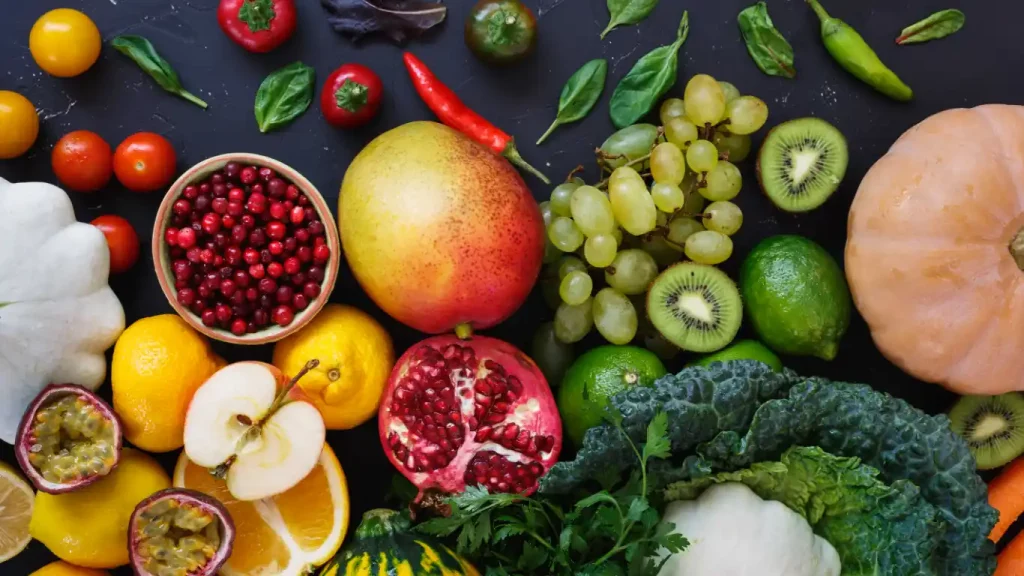 Healthy Fruit, including kiwi, grapes, pomegranete, chillies