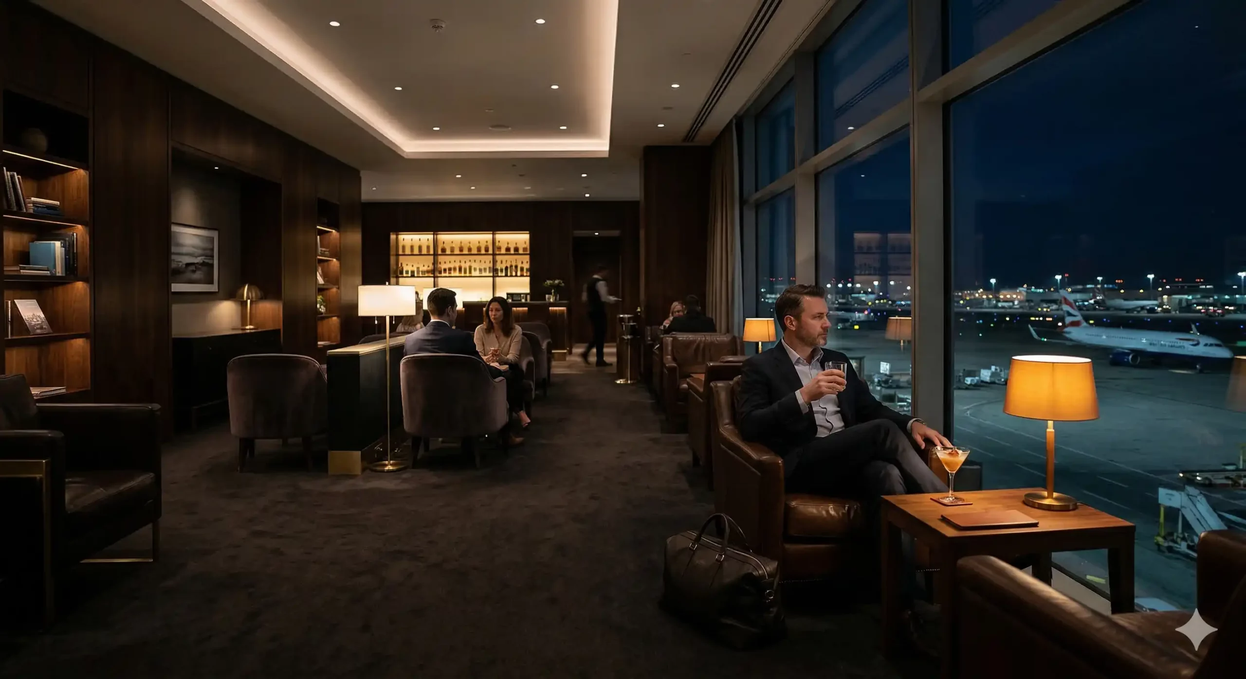 A quiet airport lounge at dawn