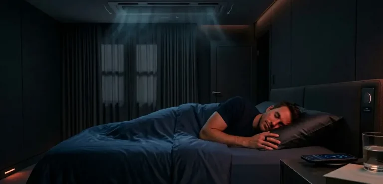 An optimized executive sleep environment engineered for thermal control and absolute darkness to facilitate deep slow-wave sleep.