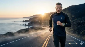 A high-performance executive in his late 40s running on a coastal road at sunrise, wearing premium athletic apparel in navy and slate. A glowing digital smart watch on his wrist displays a VO2 Max heart rate interface. Overlaying the scene are subtle, sophisticated gold data holograms and geometric connectivity lines, symbolizing the intersection of biological longevity and data-driven performance. The aesthetic is cinematic, minimalist, and elite, reflecting the One’s Best Self brand.
