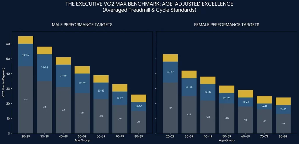 A sophisticated data visualization titled "The Executive VO2 Max Benchmark: Age-Adjusted Excellence." The chart consists of two panels: Male Performance Targets and Female Performance Targets. The X-axis represents age groups from 20-29 through 80-89. Each age group features a stacked bar: a light-grey base for "Low/Average" fitness, a steel-blue middle section for "High" fitness, and a gold-capped top for the "Elite Target." Numeric values denote the exact VO2 Max thresholds, showing the natural biological decline and the high-performance targets required to stay in the 90th percentile.