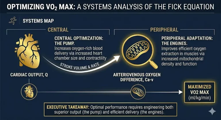 A clean, minimalist infographic flowchart titled "A Systems Analysis of the Fick Equation" set against a dark navy background. The visual represents the scientific formula using premium gold icons. A highly-detailed gold heart (The Pump) is connected by thin white lines to a magnified view of a gold mitochondrion (The Engine). Labels highlight 'CENTRAL OPTIMIZATION: DELIVERY' (Stroke Volume) next to the heart, and 'PERIPHERAL ADAPTATION: EXTRACTION' (Mitochondrial Density) next to the mitochondrion. These systems converge on the far right into a glowing gold text box: 'MAXIMIZED VO2 MAX (ml/kg/min)'.