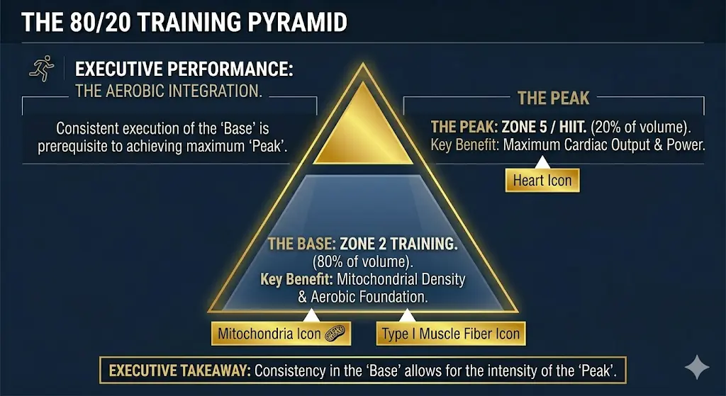 A premium, minimalist infographic titled "THE 80/20 TRAINING PYRAMID" set against a sophisticated dark navy background. It features a large, hollow triangle outlined in shimmering Gold. The pyramid is cleanly divided into two horizontal sections reflecting the 80/20 principle. The large, bottom 80% (Zone 2) is filled with a soft, semi-transparent Navy wash and labeled "THE BASE: ZONE 2 TRAINING (80% of volume)." It shows the key benefit "Mitochondrial Density & Aerobic Foundation." The small, top 20% (Zone 5) is a solid, shimmering Gold block labeled "THE PEAK: ZONE 5 / HIIT (20% of volume)." It shows the key benefit "Maximum Cardiac Output & Power." Small Gold icons of a heart (Stroke Volume) and mitochondria (Extraction) are subtly integrated into the labels. The overall design is modern, engineering-inspired, and data-focused.