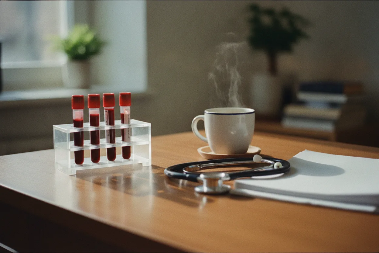 A rack of blood sample tubes beside a stethoscope and a cup of tea on a doctor's desk
