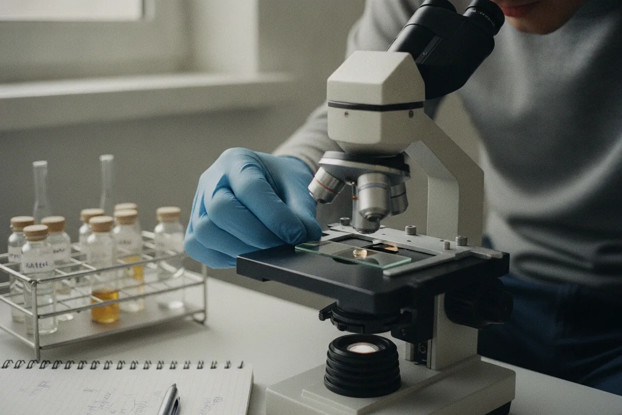 A gloved hand placing a glass slide under a laboratory microscope beside a rack of sample vials