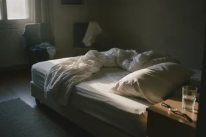 An unmade bed in early morning light with a glass of water and a wristwatch on the bedside table